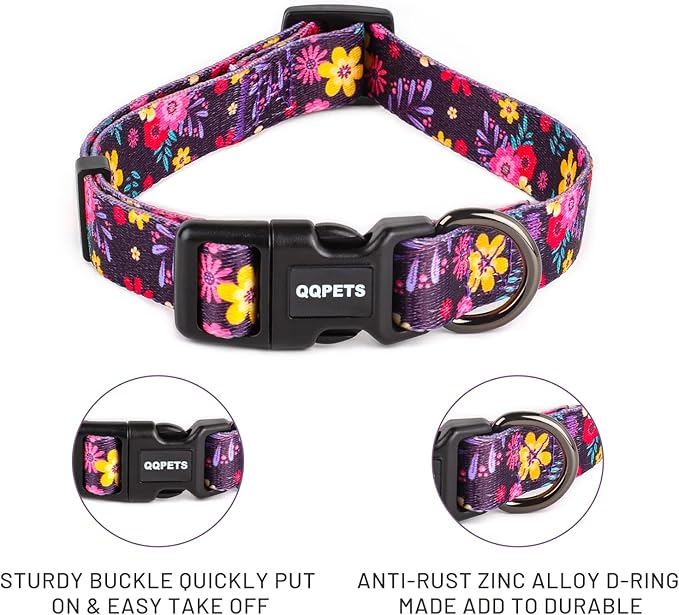 QQPETS Adjustable Soft Dog Collar: Print Flower Pink Multicolor Cute Patterns for XS Small Medium Large Pet Girl Boy Puppy Walking Running Training (S, Elegant Purple)