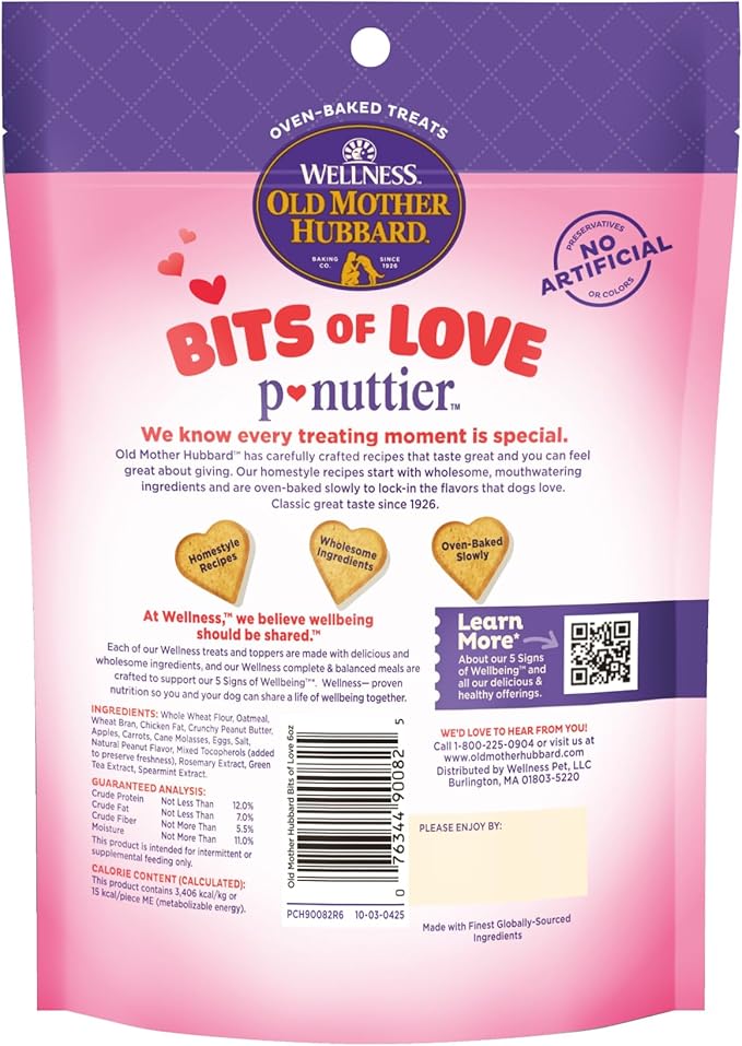 Wellness Old Mother Hubbard Bits of Love P-Nuttier Dog Biscuits, Natural Treats, Valentine's Day, Seasonal, Peanut Butter Flavor, 6 oz Bag