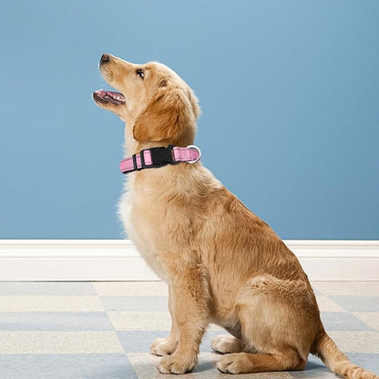 Reflective Dog Collar, Adjustable Soft Neoprene Padded Nylon Pet Collars with Buckle for Large Dogs, Light Pink,L