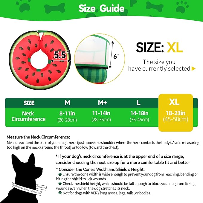 Upgraded Inflatable Dog Cone Collar with Transparent Anti-Licking Shield, Adjustable Elizabethan Collar for Medium Large Dogs, 2-in-1 Design with Detachable Shield and Soft Padding (XL, Watermelon)