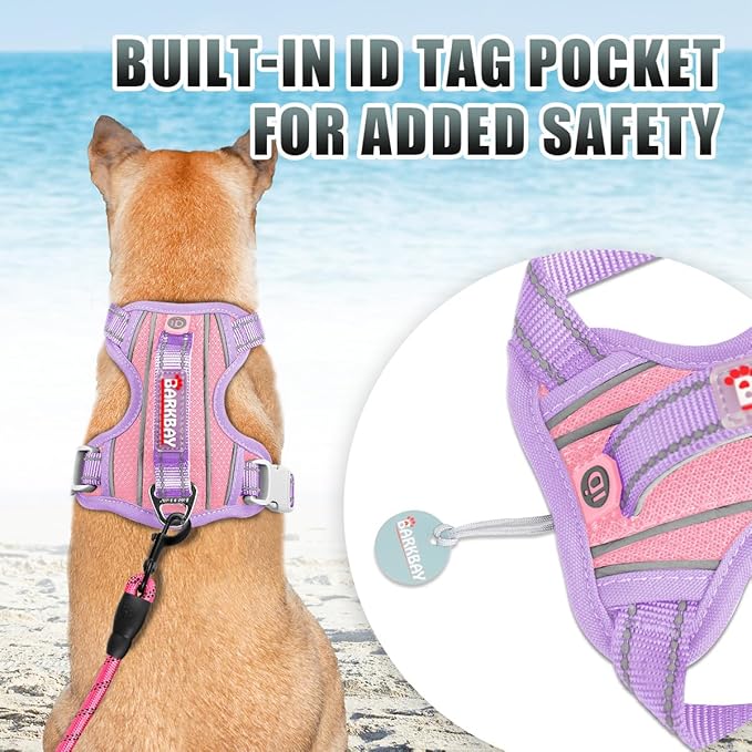 BARKBAY No Pull Dog Harness Large Reflective Dog Harness with Front Clip and Easy Control Handle for Walking Training Running with ID tag Pocket(Baby Pink & Violet Purple,XS)
