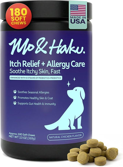 Mo & Haku Dog Allergy Relief Chews - 180 Soft Chews Immune Itch Support for Dogs Itchy Skin, Ears, Paw Licking, Seasonal Allergies - with Prebiotics & Probiotics, Colostrum & Salmon Oil