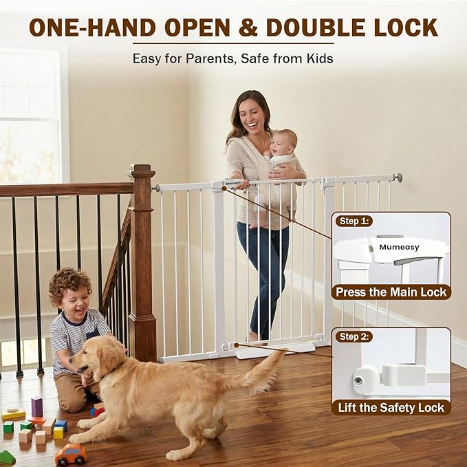 Mumeasy 29.7-57" Extra Wide Baby Gate, Auto Close Large Dog Gate for Doorways, No Drilling Pressure Mounted Pet Safety Gate for Stairs, Easy Walk Through Child Gate for Hallways, House, Indoor, White