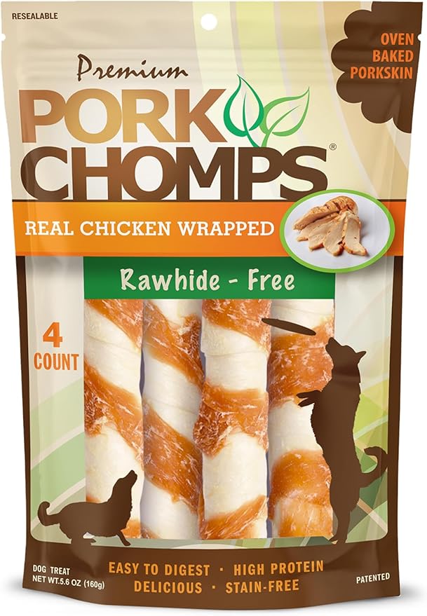 Pork Chomps Baked Pork Skin Dog Chews, 6 Inch Twists, 4 Count - Real Chicken Wrap - Long-Lasting Treats for Dogs - High Protein, Rawhide-Free, Low Fat, Healthy & Delicious Chews