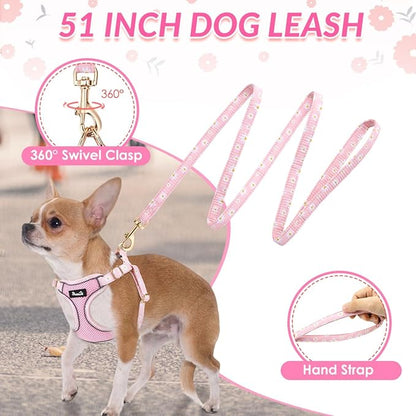 SlowTon Small Dog Harness - No Pull Dog Harness and Leash Set, Soft Mesh Lightweight Puppy Vest Harnesses, Adjustable Pet Harnesses for XXS XS Small Medium Easy Walk Hiking (Pink, S)
