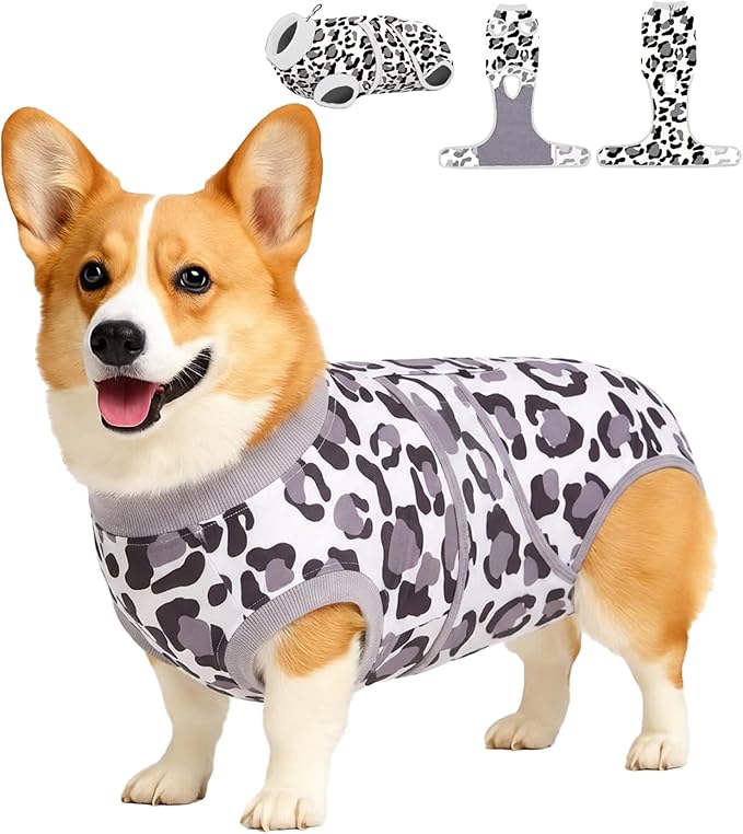 PetWarm Dog Surgical Recovery Suit, Dog Cone Alternative After Surgery, Covers Wounds, Prevents Licking, Fashionable and Protective, Lightweight and Breathable, Leopard Pattern, White, M