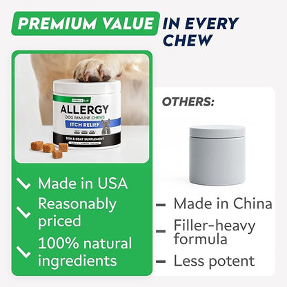 StrellaLab Dog Allergy Relief & Anti Itch Support Chews w/Omega 3: Real Ingredients, Real Taste! Skin & Coat Immune Supplement w/Fish Oil, Pumpkin & Enzymes — Developed by Experts - Made in USA -180Ct