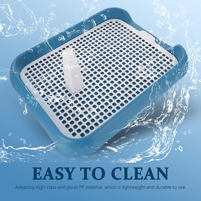 ULTECHNOVO Dog Potty Tray with Wall Post: Indoor Puppy Training Toilet Blue Plastic Mesh Grate, Pee Pad Holder for Male Dogs, Keeps Paws Dry, Portable Pet Litter Box for Apartment