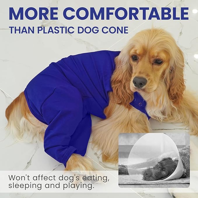 IDOMIK Dog Recovery Suit,Dog Leg Sleeve to Stop Licking Rear Legs,Thigh Wound Protective Sleeve,Male Female Pet Surgical Clothes,Doggy Surgical Suit with Pants Cover,Cone Collar Alternative,Blue,L