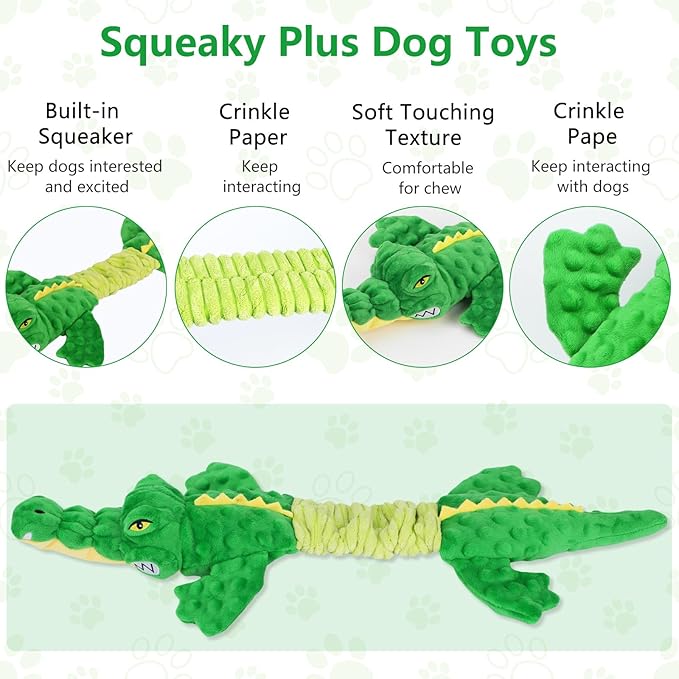 Letsmeet Large Squeaky Alligator Dog Toys, Interactive Puppy Toys with Crinkle Paper, Pull Tug of War Dog Toy, Plush Dog Chew Toys for Small, Medium, Large Breed