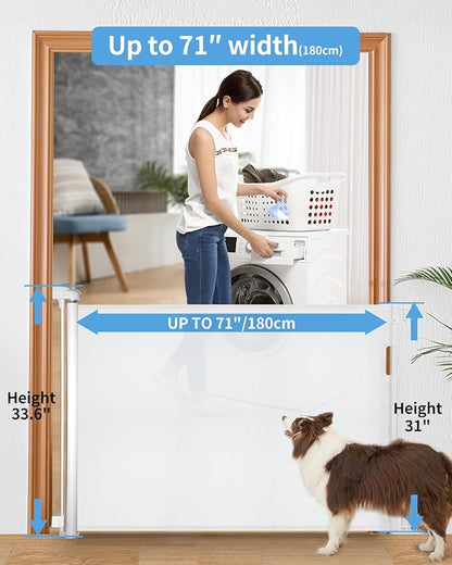 Veraste Retractable Baby Gate for Doorways and Stairs, Mesh Safety Gate for Pet, Indoor & Outdoor Use, One-Hand Operation, Easy Installation, 33.6" Tall, Expands to 71" Wide（White,33.6"x71"）