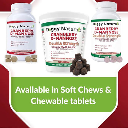 Cranberry D-Mannose for Dogs and Cats Urinary Tract Infection Support Prevents and Eliminates UTI, Bladder Infection Kidney Support, Antioxidant (Single Strength Tablet, 60 Count)