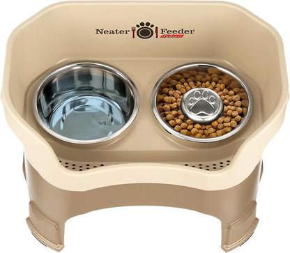 Neater Feeder Deluxe Mess-Proof Elevated Dog Bowls for Large Dogs (40+ lbs), 2 Height Adjustable (14.5” & 17.5”) No-Spill Raised Dog Bowl Stand w/Slow Feed Bowl for Food, Made in USA, Cappuccino