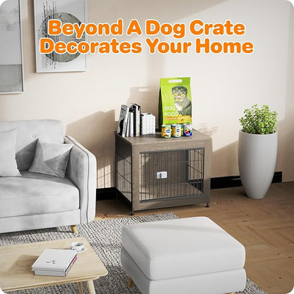 Dog Crate Furniture, Wooden Dog Crate 27in, Decorative Cage with End Table for Dog Indoor Kennel, High Anxiety Dog, Escape-Proof Locks for All Breeds