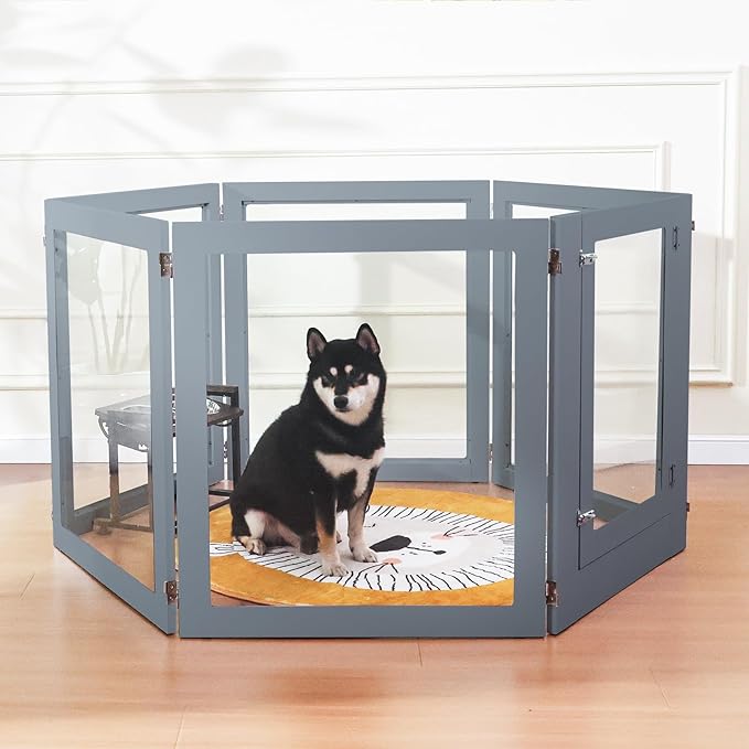 Heavy Duty Clear Acrylic Dog Playpen, 32" Height Transparent Pet Pen, Metal Frame Easy Assemble Kennel Enclosure, Ideal for Small to Medium Dogs, Cats, and Other Small Pets (Grey, 6 Panels with Door)