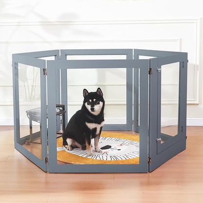 Heavy Duty Clear Acrylic Dog Playpen, 32" Height Transparent Pet Pen, Metal Frame Easy Assemble Kennel Enclosure, Ideal for Small to Medium Dogs, Cats, and Other Small Pets (Grey, 6 Panels with Door)