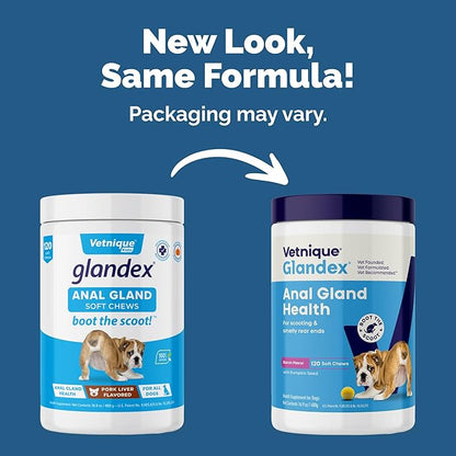 Vetnique Glandex Anal Gland Soft Chew Treats with Pumpkin for Dogs Digestive Enzymes, Probiotics Fiber Supplement for Dogs Boot The Scoot (Bacon Flavor Chews, 120 Count) (Pack of 2)