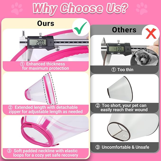 Dog Cone to Stop Licking, Clear Recovery Collar with Detachable Zipper, Sturdy Elizabethan Collar for Large Medium Small Dogs, Soft Adjustable Cone After Surgery Patented, Hot Pink S