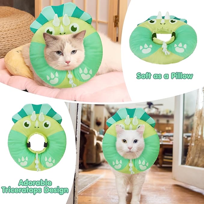 BEAUTYZOO Cat Cone Collar Soft, Cat Donut Recovery Collar After Surgery to Stop Licking, Kitten E Collars Neck Pillow Cone, Adjustable Elizabeth Pet Collars for Puppy Small Dogs, Green Triceratops S