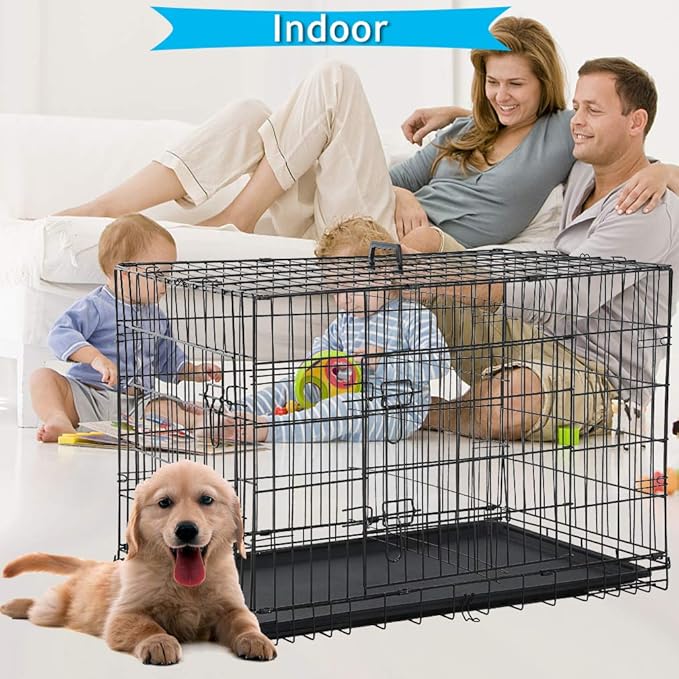 Folding Dog Crate 36" Metal Portable Outdoor Double Door Wire Large Cat Pet Dog Cage Kennel with ABS Tray LC & Divider, Black