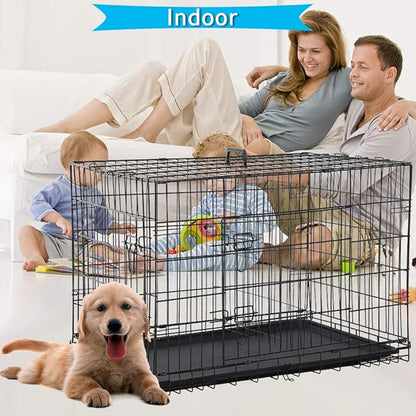Folding Dog Crate 36" Metal Portable Outdoor Double Door Wire Large Cat Pet Dog Cage Kennel with ABS Tray LC & Divider, Black