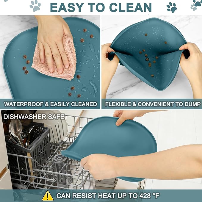 SMILOOL Small Silicone Pet Food Mat with Raised Edge for Food and Water Bowl, Square Dog Feeding Mats, Cat Food Trays for Floor Waterproof, Rubber Tray for Dogs and Cats, 12 x 12 x 0.7 Slate Blue