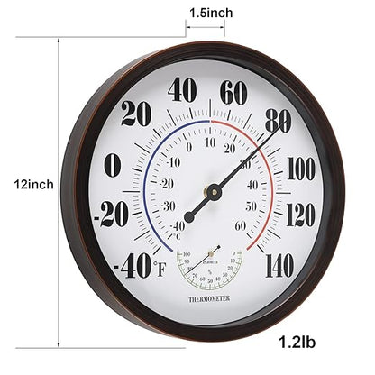 Indoor Outdoor Thermometer Wall Large Numbers Thermometer No Battery 12" Hanging Digital Weather Hygrometers for Home Garden Outside Patio Decor (Brown)