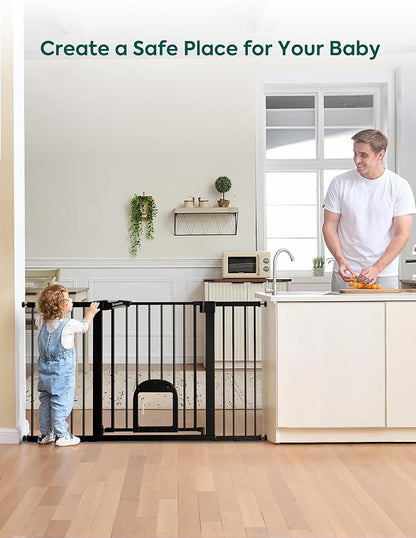 Babelio Baby Gate with Cat Door, CatPrivilege Ⅲ, Extra Wide 29-55" Cat Gate, 30" Tall Pressure Mounted Safety Gate for Large Openings, Stairs & Doorways, Auto Close, Black