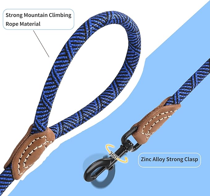 Mile High Life Rope Leash with Genuine Leather Connection, 6 FT/5 FT/4 FT, Heavy Duty Leash for Medium & Large Dogs (Blue, 48 Inch)