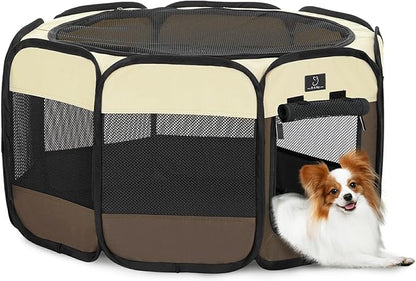 Dog Playpen for Small Dogs & Puppies, 29.92" Portable Indoor Outdoor Puppy Playpen with Bowl, Waterproof Floor, Foldable Pop-Up Pet Pen for Home, Travel & Daily Use, Brown+Beige
