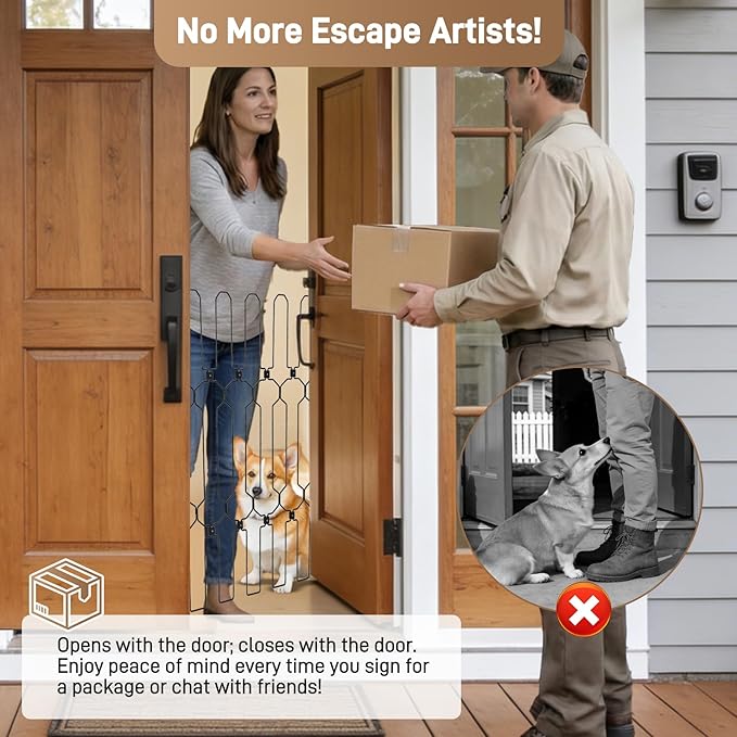 Retractable Dog Gate for Front Door 35.4" Wide 30.7" Tall Automatic Retractable Dog Barrier to Keep Pets Secure When Door Opens/Closes, Hardware Mount Front Door Barrier for Small/Large Dogs, Indoor