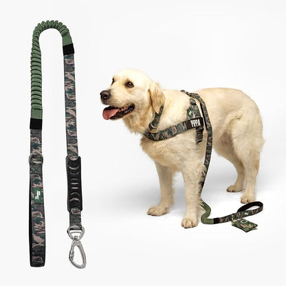 Dog Friendly Co. Bungee Dog Leash | Strain Free & Shock Resistant for Control | Neoprene Padded Handle, Heavy-Duty Carabiner Clip, and D-Ring | Green Camo, Size Small