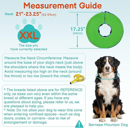 Sponge Dog Cone After Surgery, No Inflation Required Dog Donut Collar to Stop Licking, Inflatable Cone Alternatives for Large Pets, Soft Recovery Collar with Protective Shield (Green Blue,XXL)
