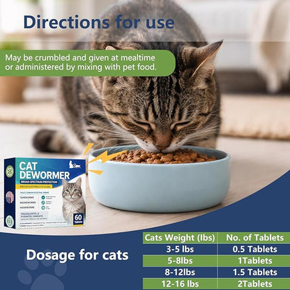 Broad Spectrum Cat Dewormer for Cats and Kittens, Praziquantel & Pyrantel Pamoate Tablet, Removal of Tapeworms, Hookworms & Roundworms & All Wormers Effective and Fast (60 Tablets)