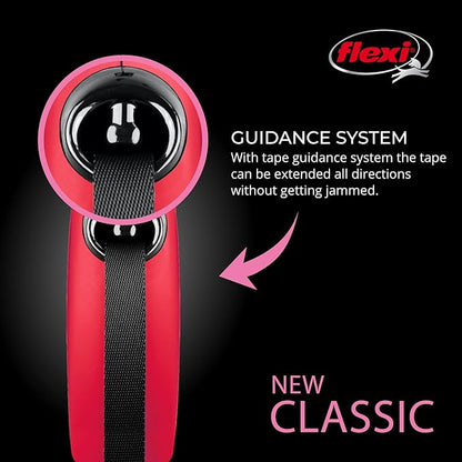FLEXI New Classic Tape Retractable Dog Leash for Medium-Sized Dogs Upto 55 lbs. – 16 ft., Red | Tangle Free Pet Walking Leash with One-Handed Brake, Pause, Lock|German Quality Product