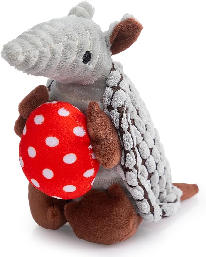 Hollypet Plush Dog Squeaky Toy Stuffed Armadillo Animal Pet Puppy Chew Toys with Clean Teeth for Small Medium Large All Breed Sizes Dogs, Gray, 8 in, Red Eggs with White Dots