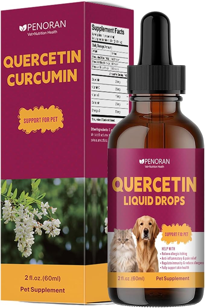 Pet Quercetin Curcumin Allergy Relief Drops, for Dogs & Cats Seasonal/Environmental Allergies & Pollen/Grass Allergies: Itchy Skin, Red Ears, Swollen Eyes, Cough & Sneezing, Scratching & Licking Paws