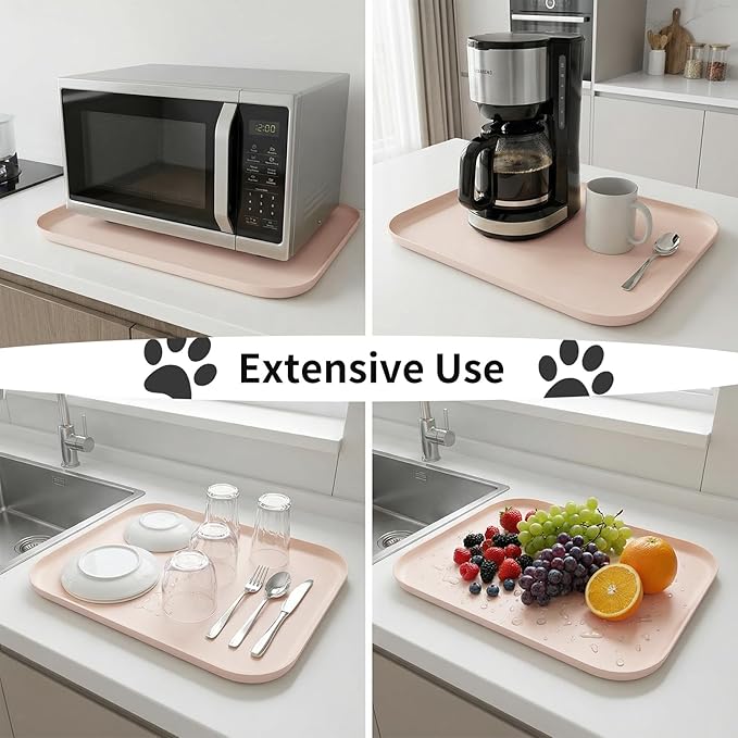BLESWIN Non-Slip Silicone Dog Food Mat for Food and Water, 18" x 12" Raised Edge Pet Feeding Mat - Waterproof Dog Bowl Mat Easy Clean for Floor Protector,Beige