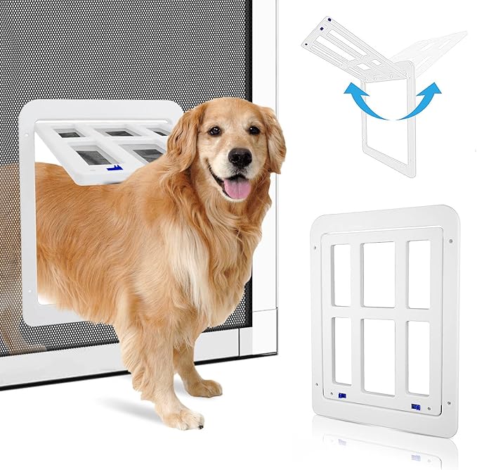 PETLESO Large Dog Door for Screen Door - 11.2" x 14.4" Magnetic Flap Pet Door with Lockable Insert for Medium to Large Dogs, Ideal for Sliding Doors, White