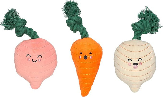 Pearhead Spring Garden Veggies Dog Toys, Plush Squeaky Rope Dog Toys, Radish Carrot & Turnip Vegetable Dog Toy Set, Loud Squeakers, Set of 3