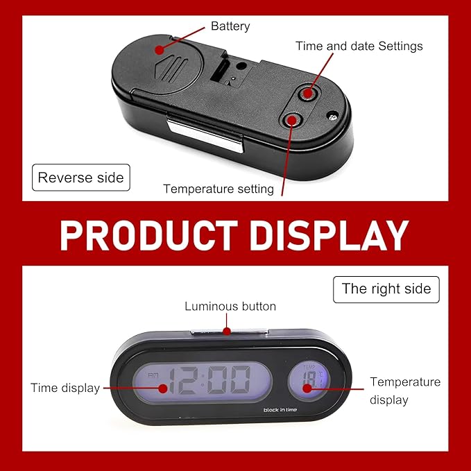 Eratus 1 PC Car 2.95" x 1.1" x 0.7" Digital Clock with Thermometer, Angle Adjustable Dashboard Vent Mini LCD Luminous Large Screen Clock, Black