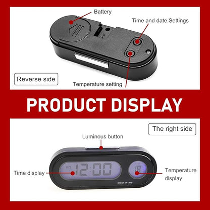 Eratus 1 PC Car 2.95" x 1.1" x 0.7" Digital Clock with Thermometer, Angle Adjustable Dashboard Vent Mini LCD Luminous Large Screen Clock, Black