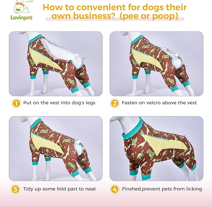 LovinPet Dog Recovery Suit for Large Medium Dogs - Dog's Bodysuit Wound Protective Surgical,E-Collar Alternative Recovery Bodysuit for Abdominal Wounds After Surgery Anti-Licking,Dinosaur,Green,XL