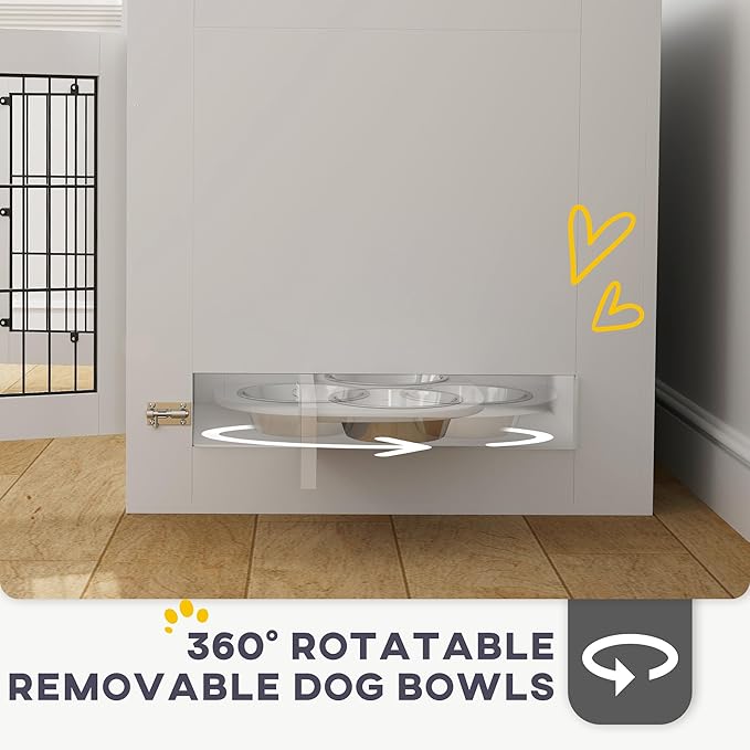 PawHut Dog Crate Furniture w/ 360° Rotatable Removable Dog Bowls, Dog Kennel Furniture w/Two Doors, Non-Slip Foot Pads, Furniture Dog Crate End Side Table for Medium Dogs, 31.5" x 24" x 25", White