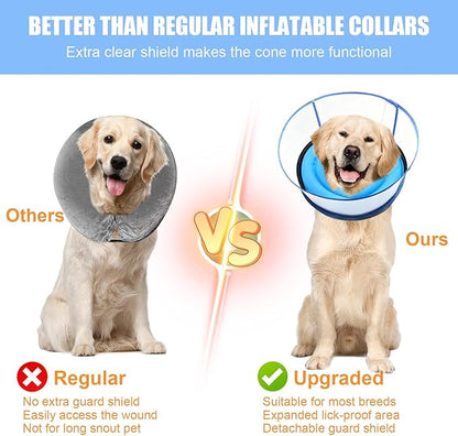 2-in-1 Soft Inflatable Dog Cone Collar Alternative with Enhanced Anti-Licking Guard Shield, Dog Collar After Surgery, Adjustable Recovery Cones for Large Medium Small Dogs and Cats(Blue, L)