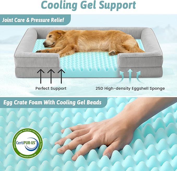 Cooling Dog Bed for Medium Small Size Dogs, Q-Max >0.4 Summer Cool Pet Bed, Orthopedic Foam Dog Sofa with Sides, Bolster Anti-Slip Couch with Washable Removable Cover, M 30x20x6 inch, Grey