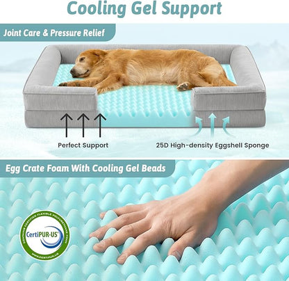 Cooling Dog Bed for Medium Small Size Dogs, Q-Max >0.4 Summer Cool Pet Bed, Orthopedic Foam Dog Sofa with Sides, Bolster Anti-Slip Couch with Washable Removable Cover, M 30x20x6 inch, Grey