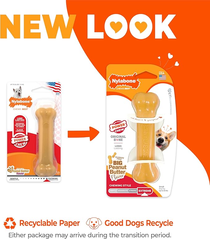Nylabone Original Bone Power Chew Toy for Dogs, Durable & Tough Dog Toys for Aggressive Chewers, Peanut Butter Flavor, Small - Up to 25 lbs - Up to 25 Ibs, 1 Count
