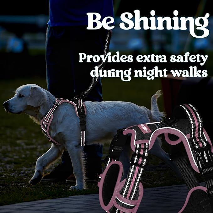 rabbitgoo Dog Harness for Large, No Pull Pet Harness with 3 Buckles, Adjustable Soft Padded Vest with Control Handle, Walking Reflective Pet Vest for Large Dogs, Black & Pink, L