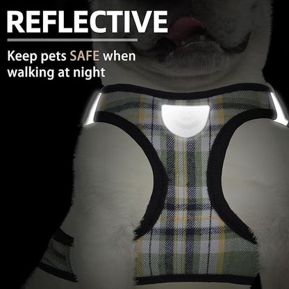 PUPTECK Adjustable Dog Harness Collar and Leash Set Step in No Pull Pet Harness for Small Medium Dogs Puppy and Cats Outdoor Walking Running, Soft Mesh Padded Reflective Vest Harnesses, Grn&YLW, L